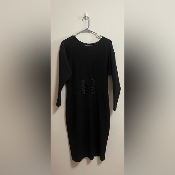 EXPRESS - Black Midi Body Con Lace Up Detail Dress - Picture 1 of 5